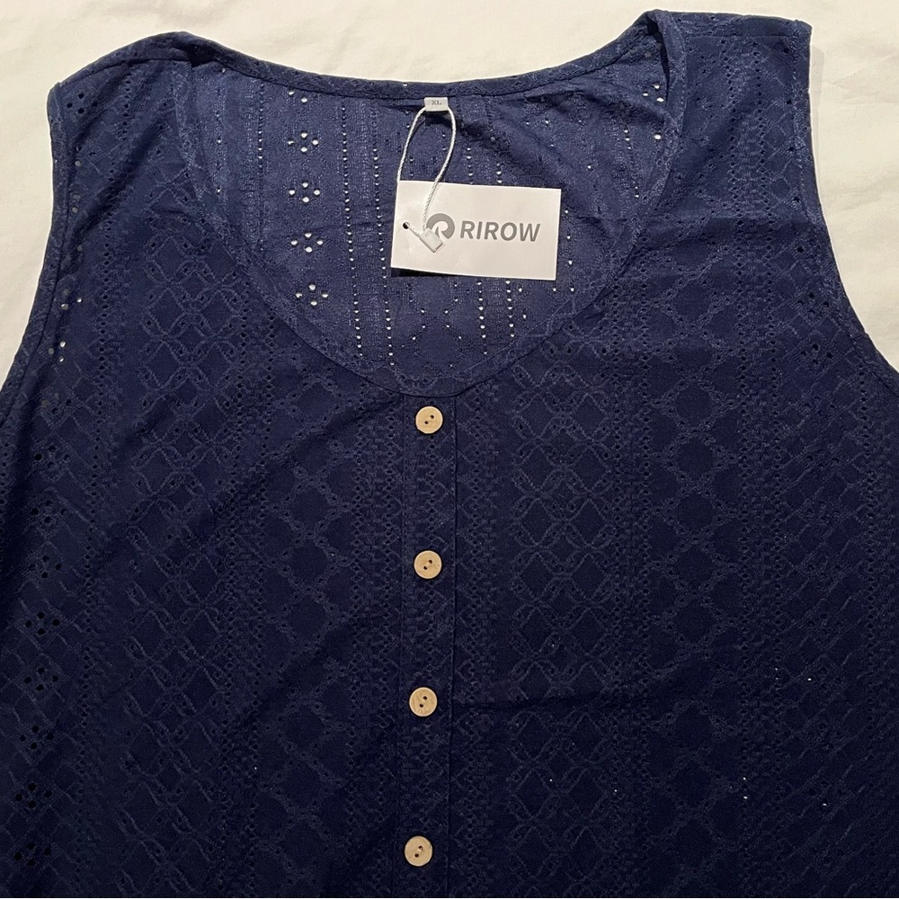NWT Rirow Navy Blue Sleeveless Tunic with Cut-Out Design and Faux Button Details